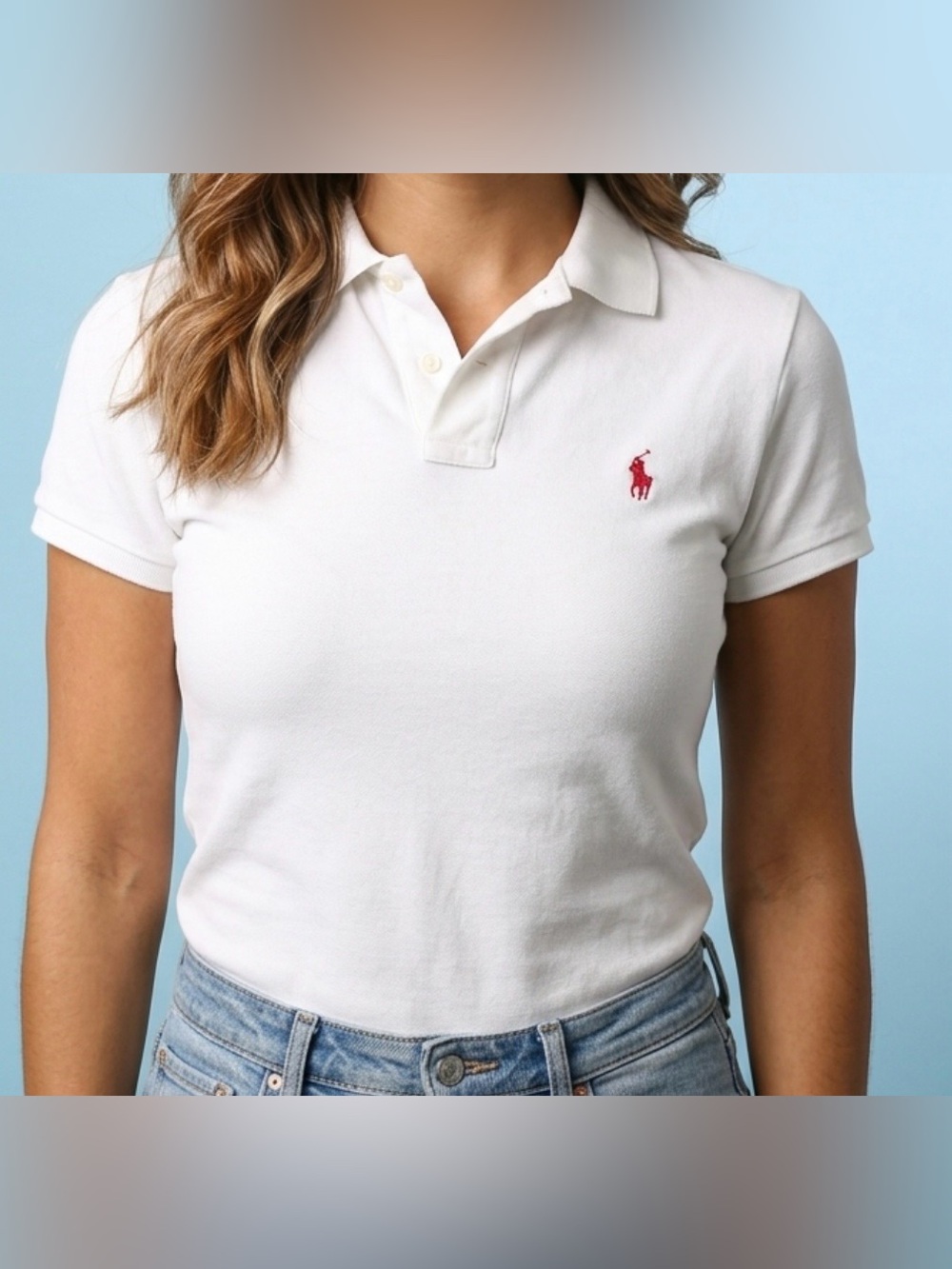 RALPH LAUREN White Polo Top with Red Pony Logo Size XL Slim Fit